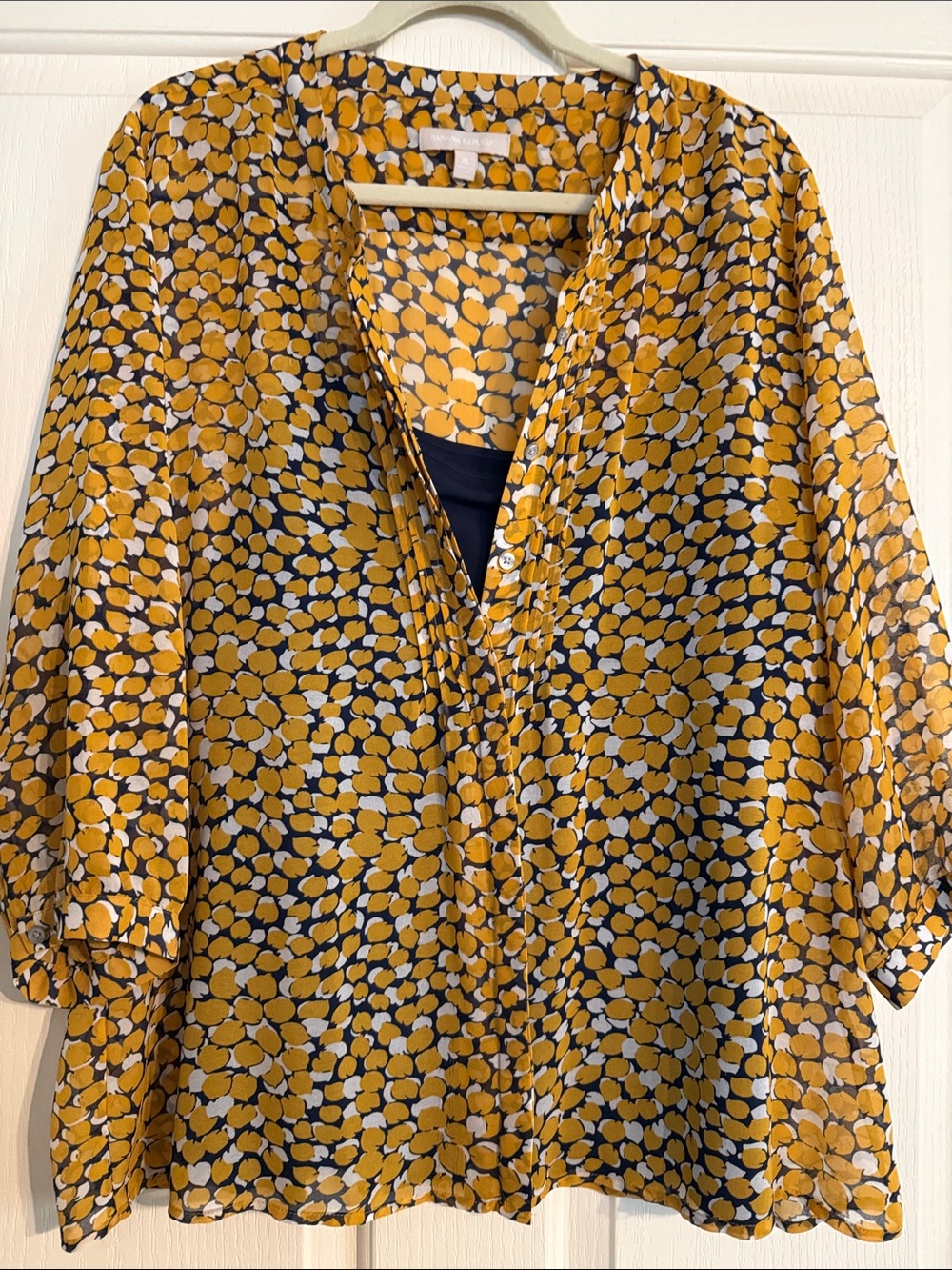 Banana Republic Mustard Yellow & Navy Floral Dot Blouse with Navy Camisole
